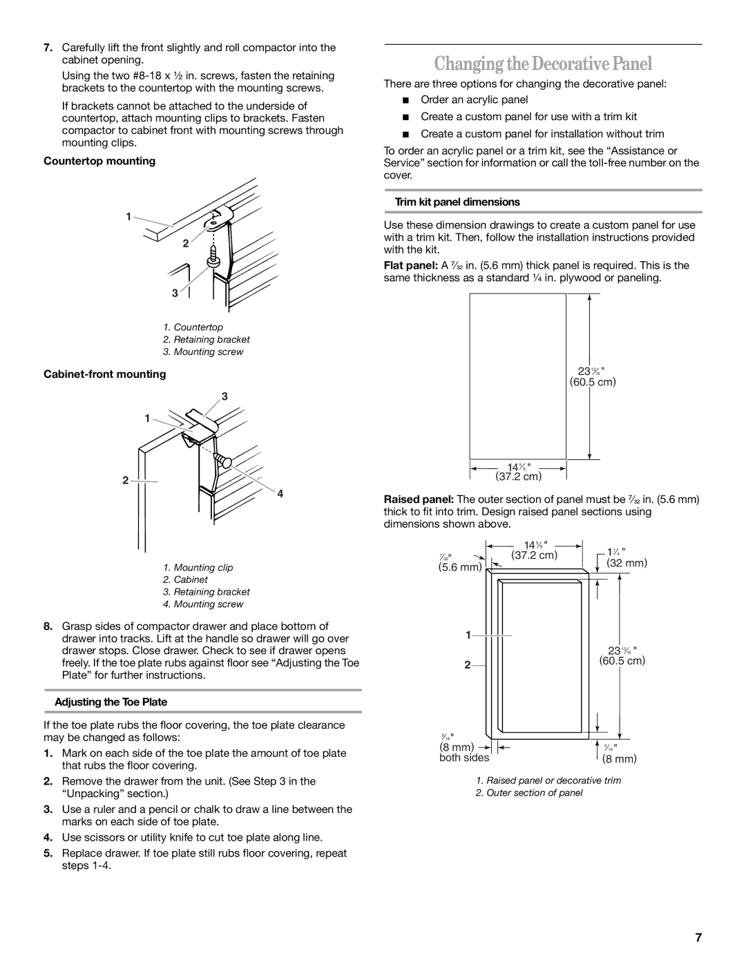 Whirlpool Compactor Changing the Decorative Panel, Countertop mounting, Cabinet-front mounting, Trim kit panel dimensions 