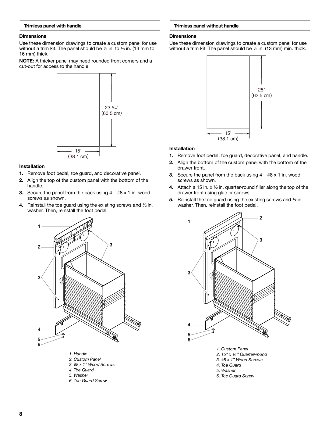 Whirlpool Compactor manual Trimless panel with handle Dimensions, Installation, Trimless panel without handle Dimensions 