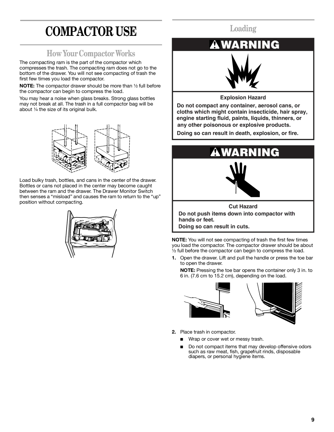 Whirlpool manual Compactor USE, HowYour Compactor Works, Loading 