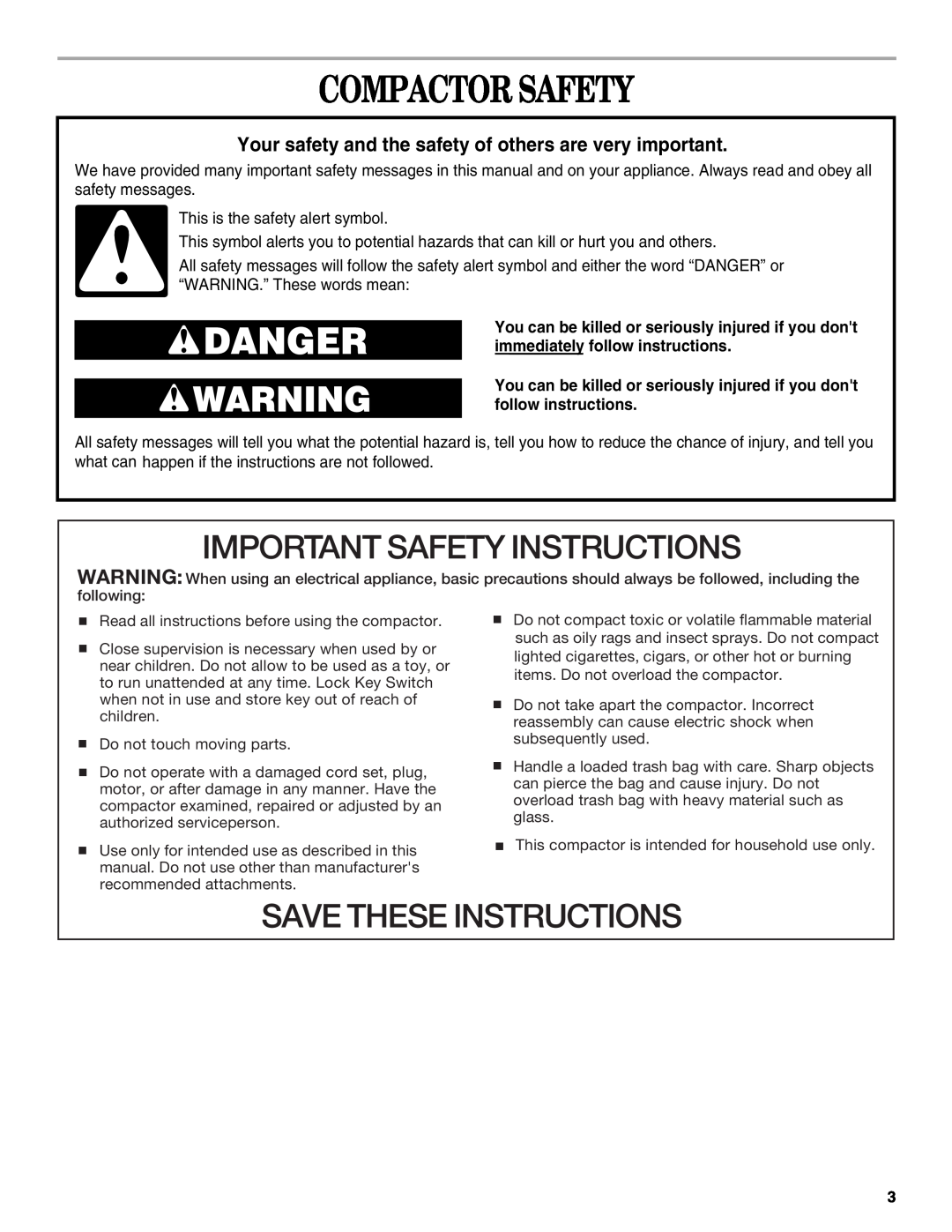 Whirlpool manual Compactor Safety, Important Safety Instructions, Save These Instructions 
