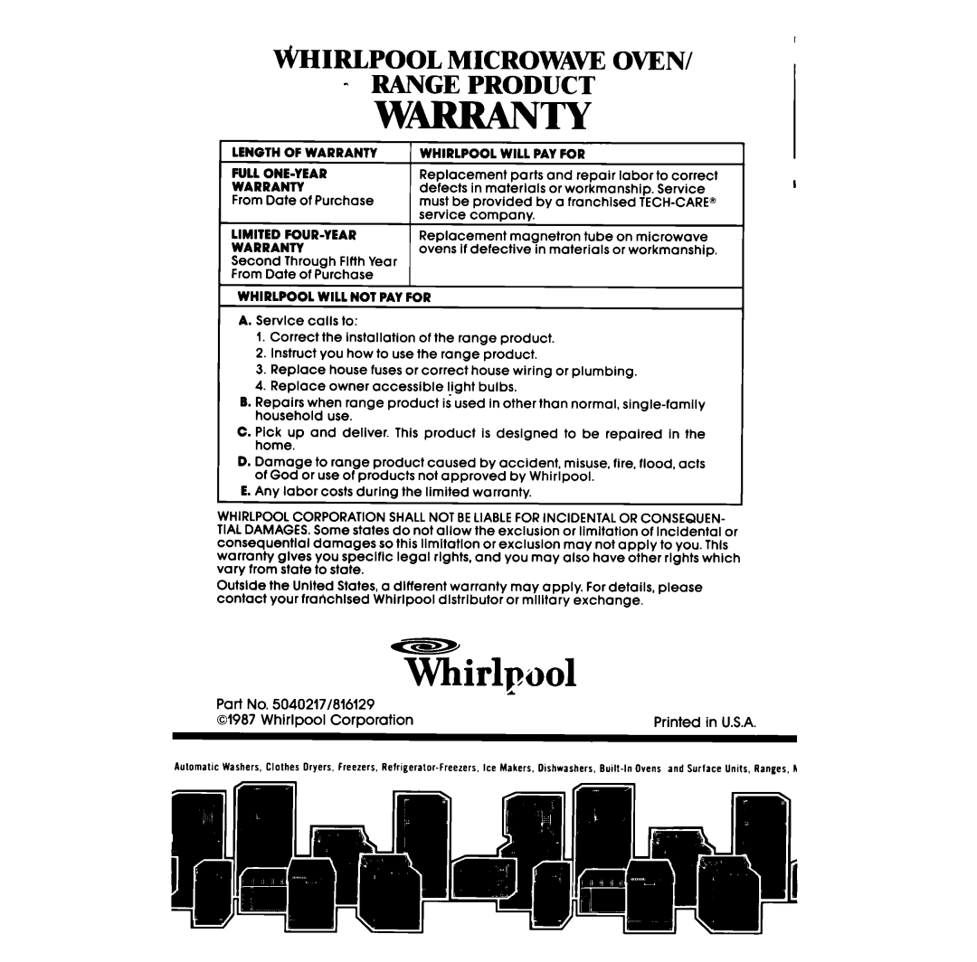 Whirlpool Cooktop, RC8570XS, 98 manual Wrranty, T&rlpool, Vi’HIRLPOOL MICROWAW OVEN RANGE PRODUCT 