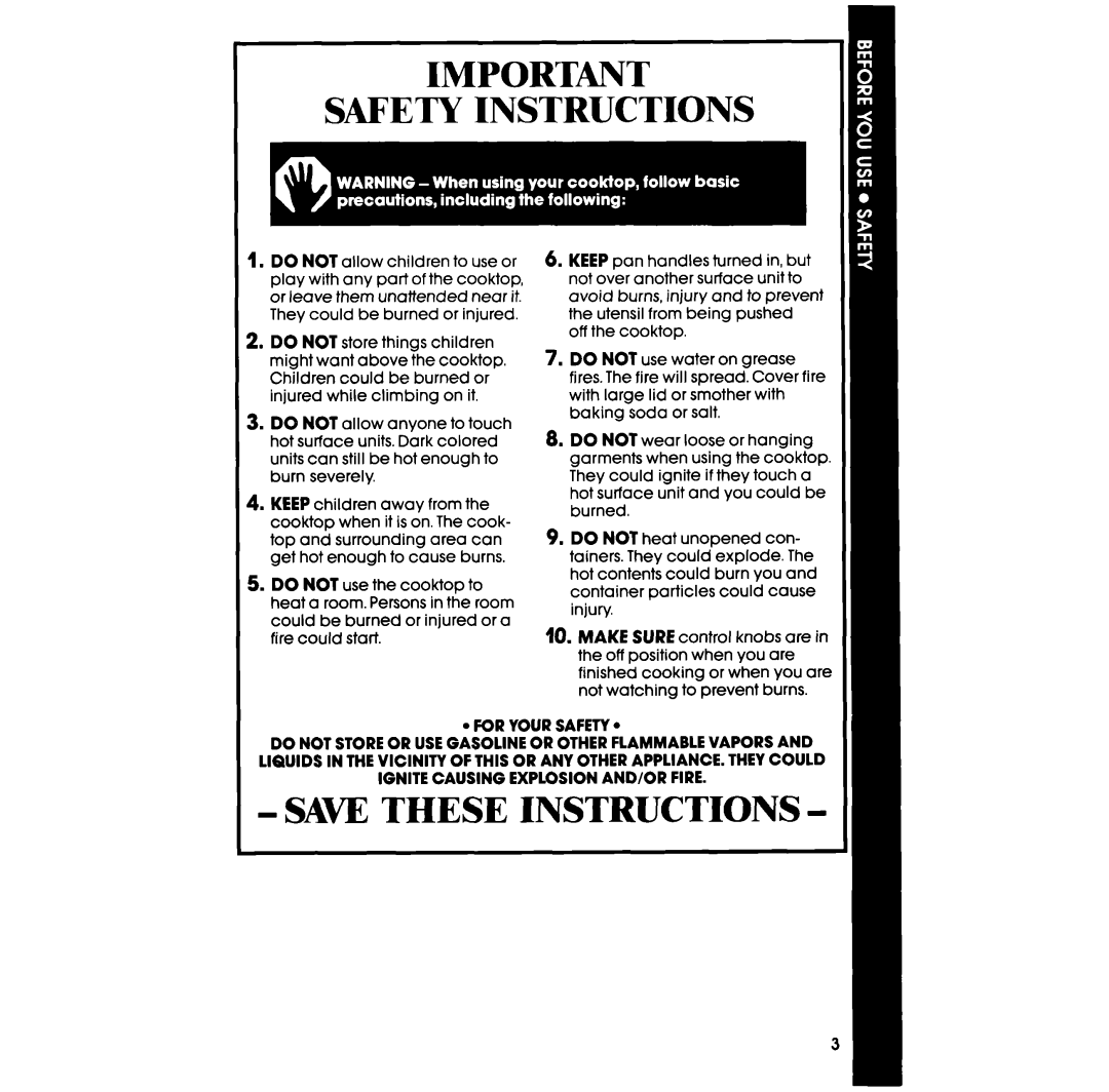 Whirlpool Cooktop, RC8570XS, 98 manual Safety Instructions, Saw These Instructions, lFOR YOUR SAFETYl 
