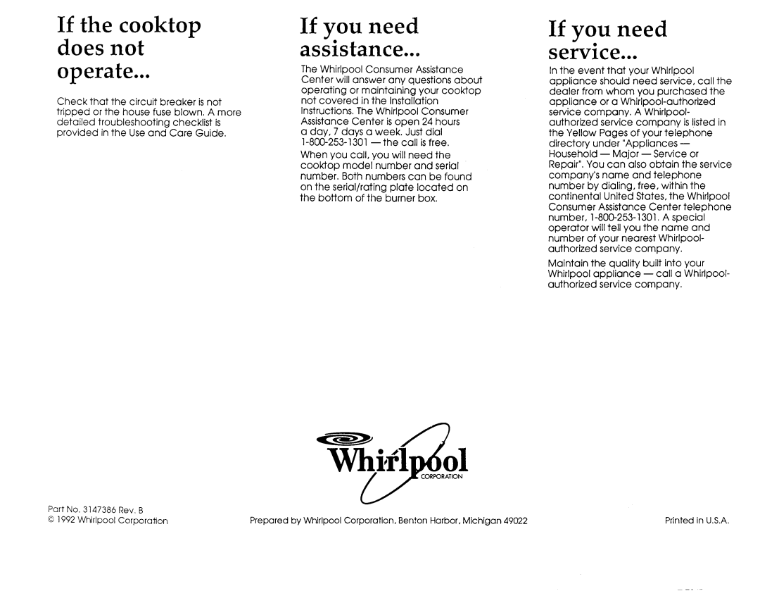 Whirlpool Cooktop installation instructions If the cooktop Does not a operate, If you need Service, If you need assistance 