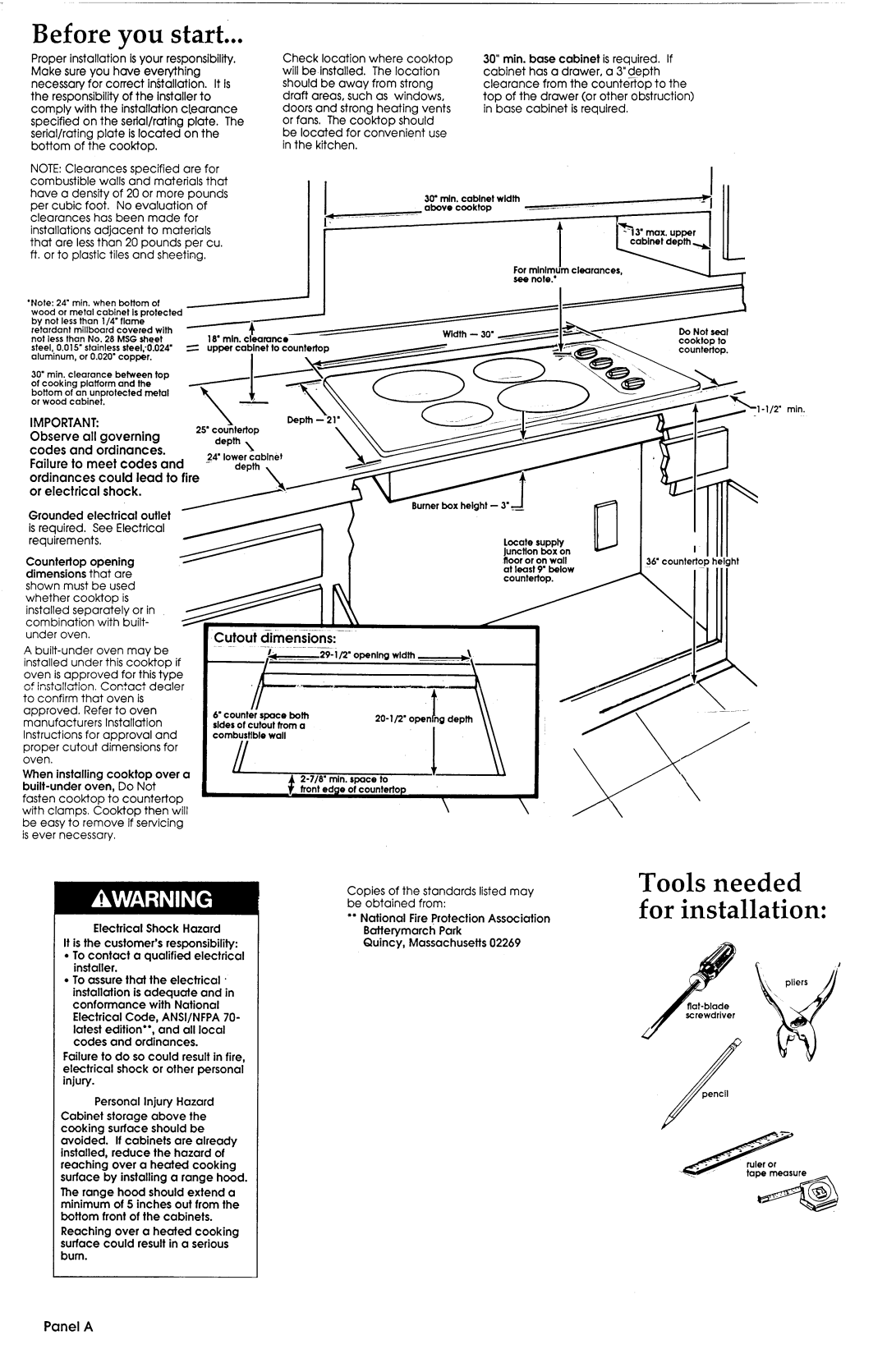 Whirlpool Cooktop installation instructions Before you start, Cutout, dimensions, Panel A, depth l, ~~~~~~~~er~xheight-3*~ 