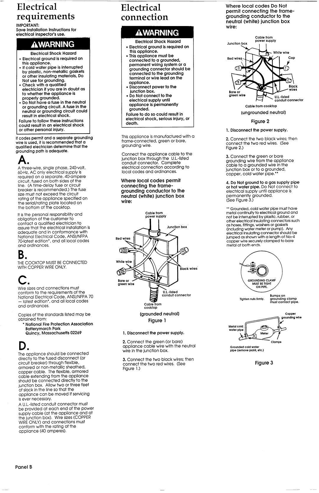 Whirlpool Cooktop installation instructions Electrical requirements, Electrical connection, Panel B 