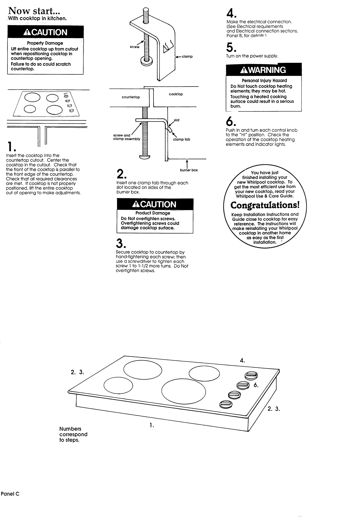 Whirlpool Cooktop Now start, Congratulations, With cooktop in kitchen. ~, Panel C, Numbers correspond to steps, 1....1 