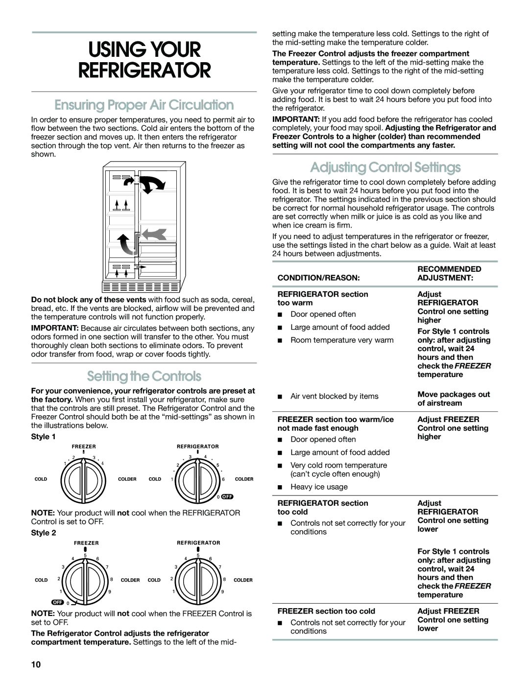 Whirlpool CS22AEXHN02, CS22AEXHW02, 2211602 Using Your Refrigerator, Ensuring Proper Air Circulation, Setting the Controls 