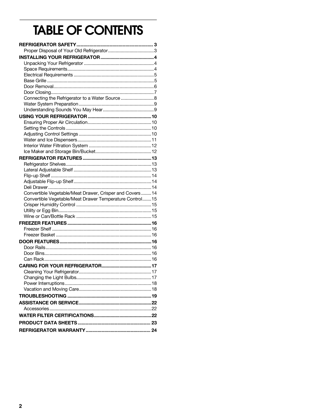 Whirlpool CS22AEXHW00, CS22AEXHW02, CS22AEXHW01, CS22AEXHN02, CS22AEXHN01, CS22AEXHN00, 2211602 manual Table of Contents 