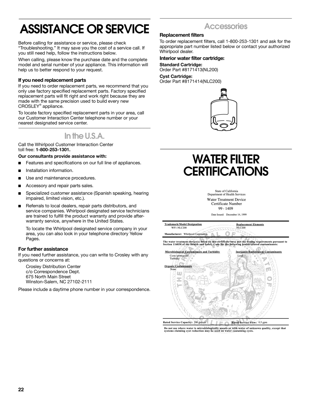 Whirlpool CS22AEXHW01, CS22AEXHW02, CS22AEXHW00, CS22AEXHN02, CS22AEXHN01 Water Filter Certifications, U.S.A, Accessories 