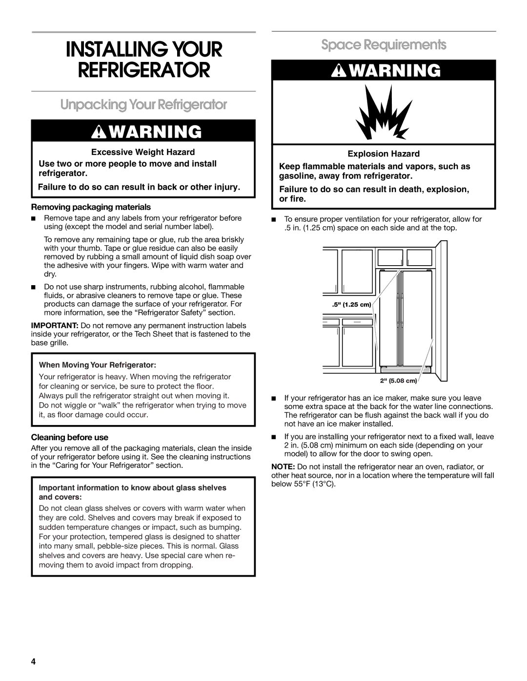 Whirlpool CS22AEXHN01 Installing Your Refrigerator, Unpacking Your Refrigerator, Space Requirements, Cleaning before use 