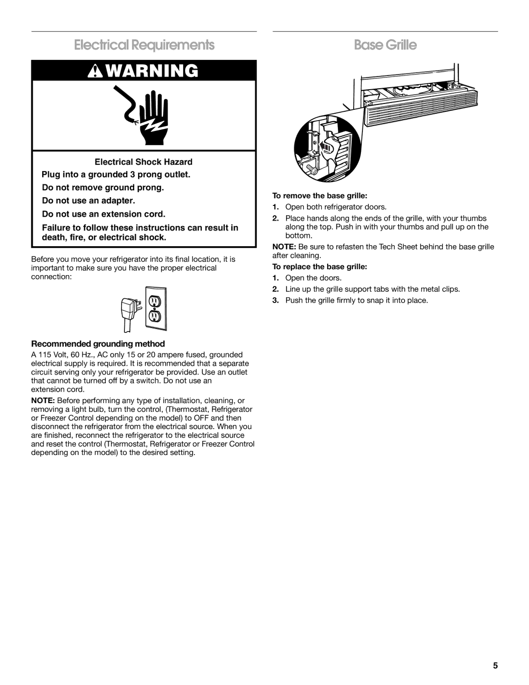 Whirlpool CS22AEXHN00 manual Electrical Requirements, Base Grille, Recommended grounding method, To remove the base grille 