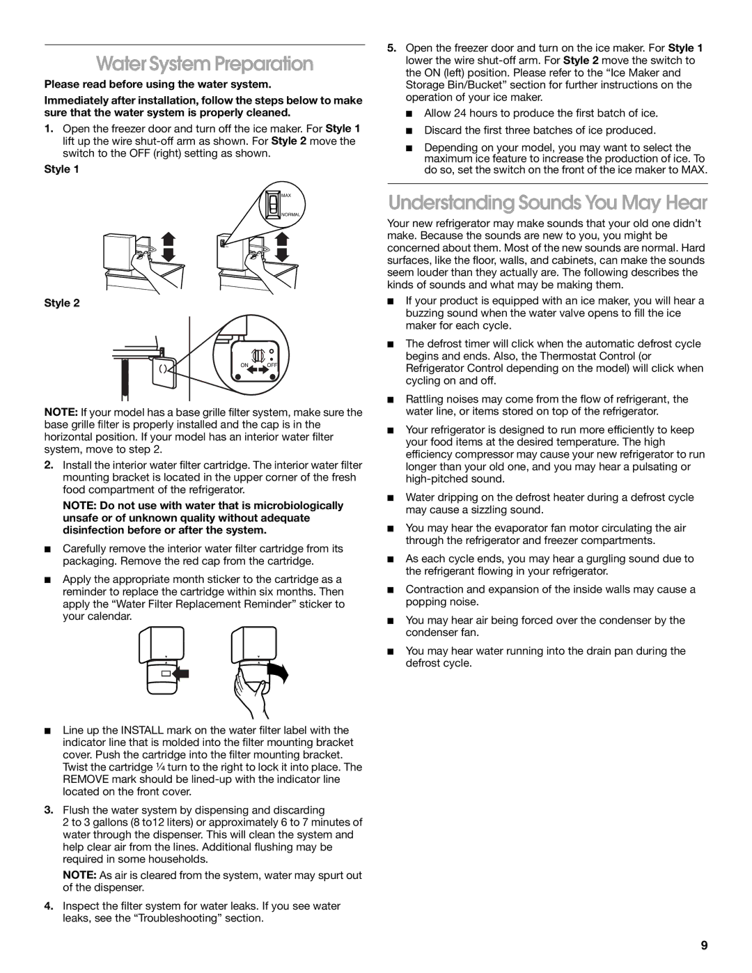 Whirlpool CS22AEXHW00, CS22AEXHW02, CS22AEXHW01, 2211602 Water System Preparation, Understanding Sounds You May Hear, Style 