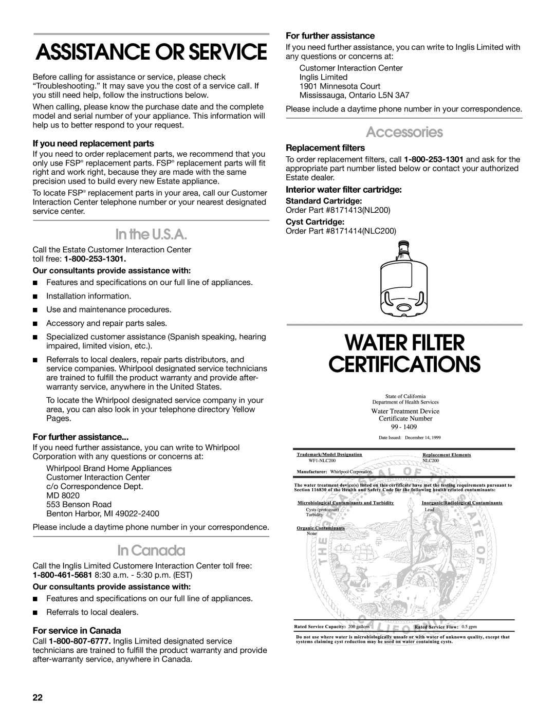 Whirlpool CS25AEXHN00, CS25AEXHW00 manual Water Filter Certifications, U.S.A, Canada, Accessories 