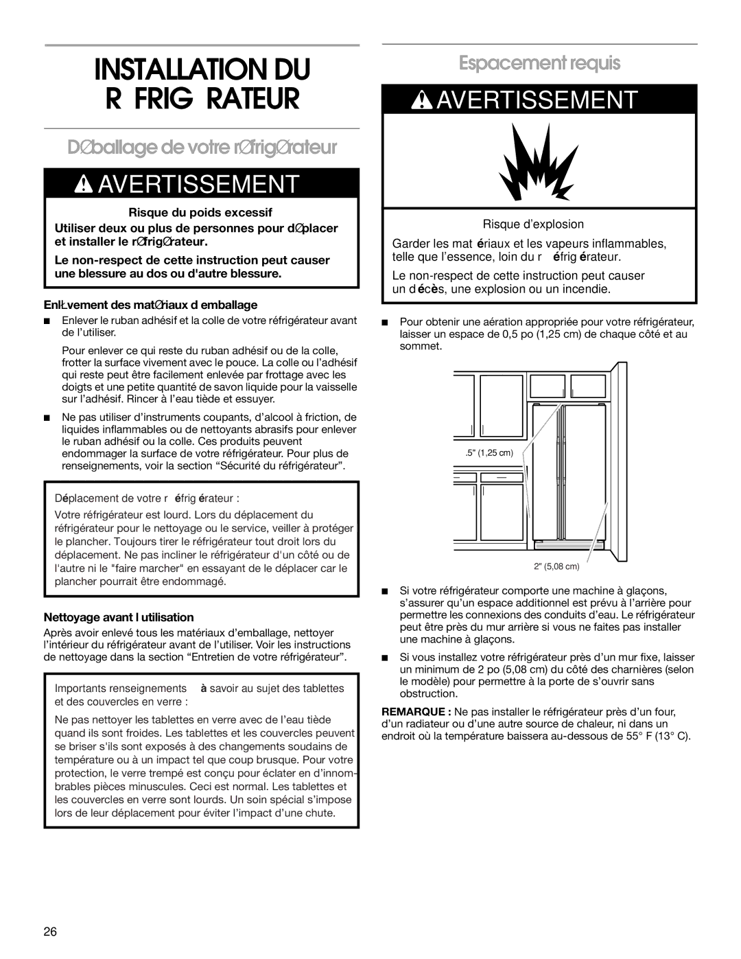 Whirlpool CS25AEXHN00, CS25AEXHW00 manual Installation DU Réfrigérateur, Déballage de votre réfrigérateur, Espacement requis 