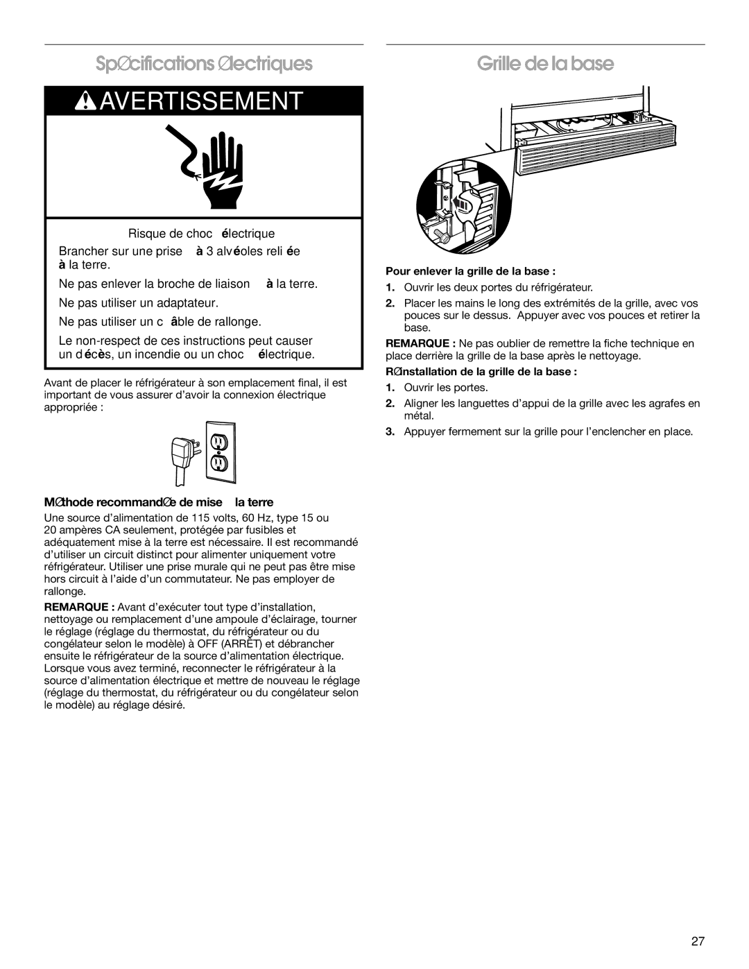 Whirlpool CS25AEXHW00, CS25AEXHN00 Spécifications électriques, Grille de la base, Méthode recommandée de mise à la terre 