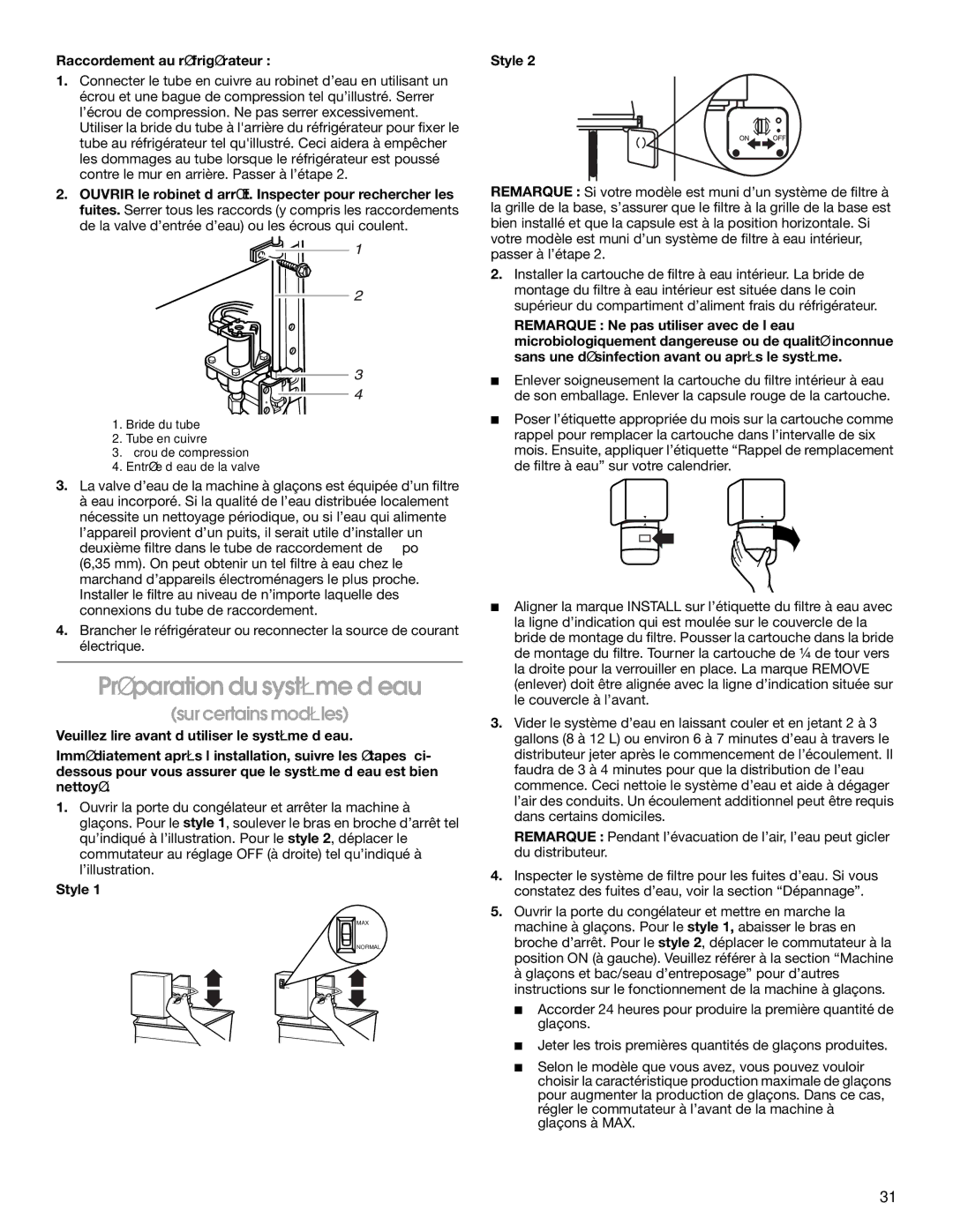 Whirlpool CS25AEXHW00, CS25AEXHN00 manual Préparation du système d’eau, Sur certains modèles, Raccordement au réfrigérateur 