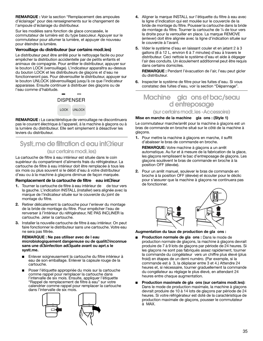 Whirlpool CS25AEXHW00, CS25AEXHN00 manual Système de filtration d’eau intérieur, Machine à glaçons et bac/seau ’entreposage 