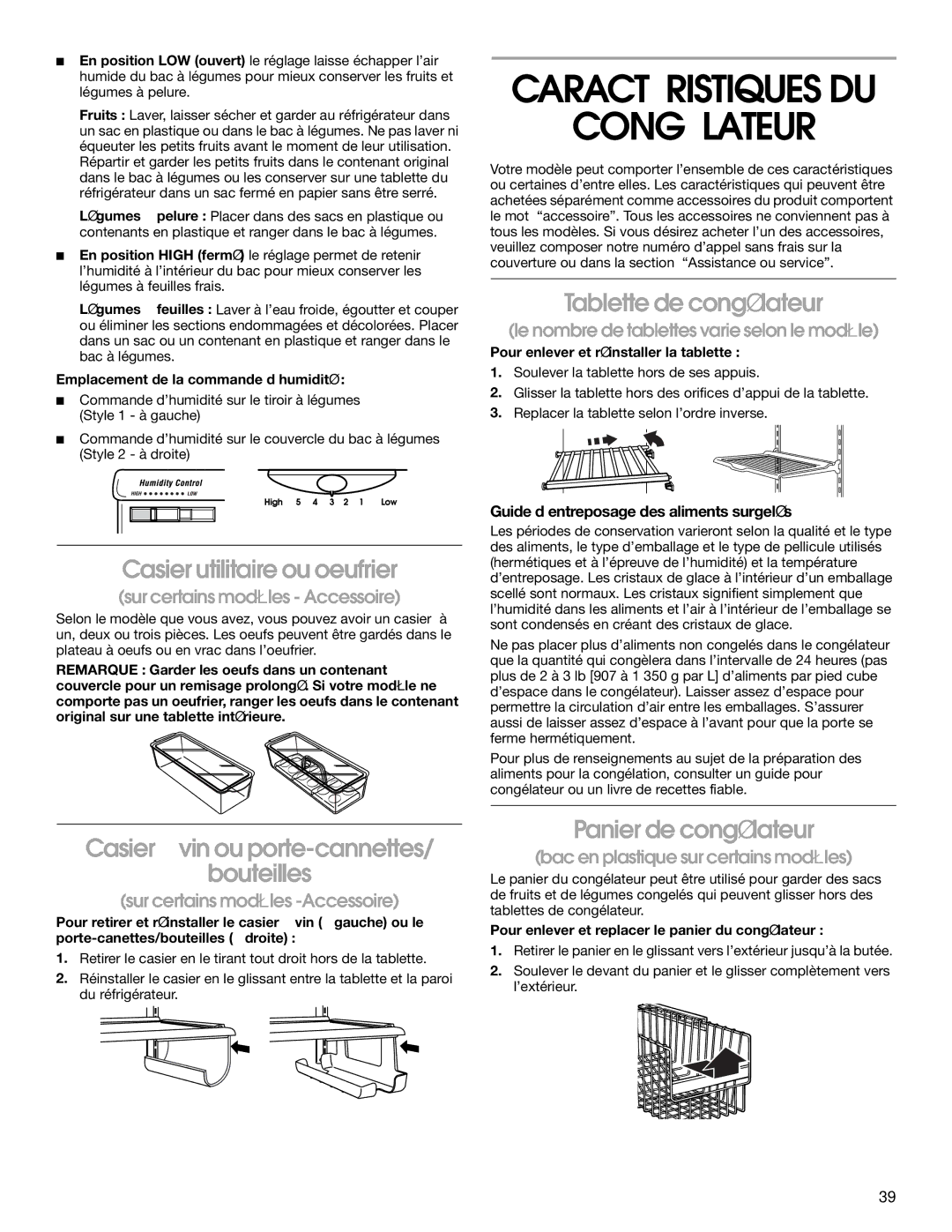 Whirlpool CS25AEXHW00, CS25AEXHN00 Caractéristiques DU Congélateur, Tablette de congélateur, Casier utilitaire ou oeufrier 