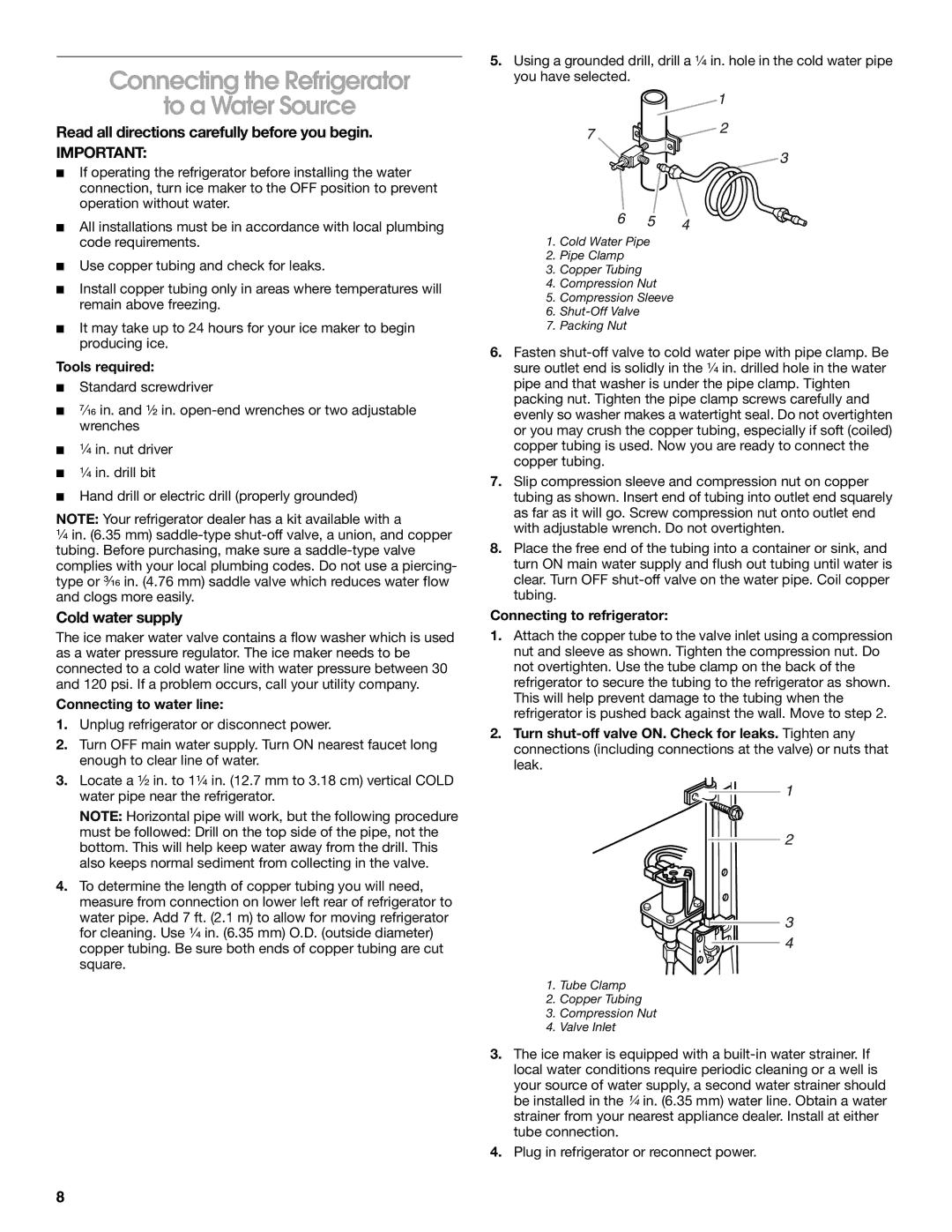 Whirlpool CS25AEXHN00 manual Connecting the Refrigerator To a Water Source, Read all directions carefully before you begin 