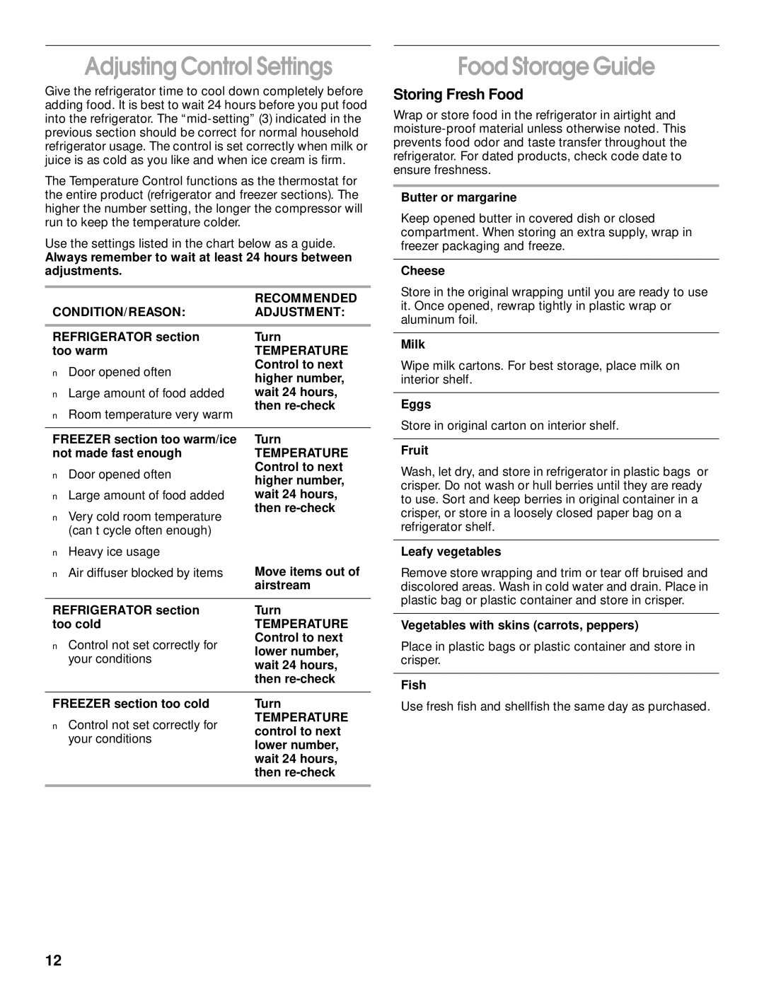 Whirlpool CT14NKXJN00 manual Adjusting Control Settings, Food Storage Guide, Storing Fresh Food, Recommended 