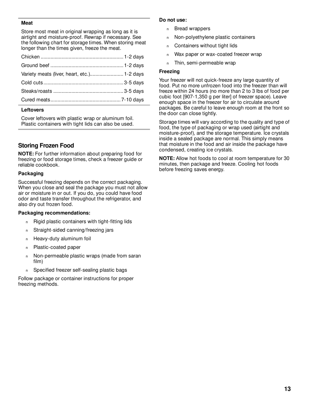 Whirlpool CT14NKXJN00 manual Storing Frozen Food 