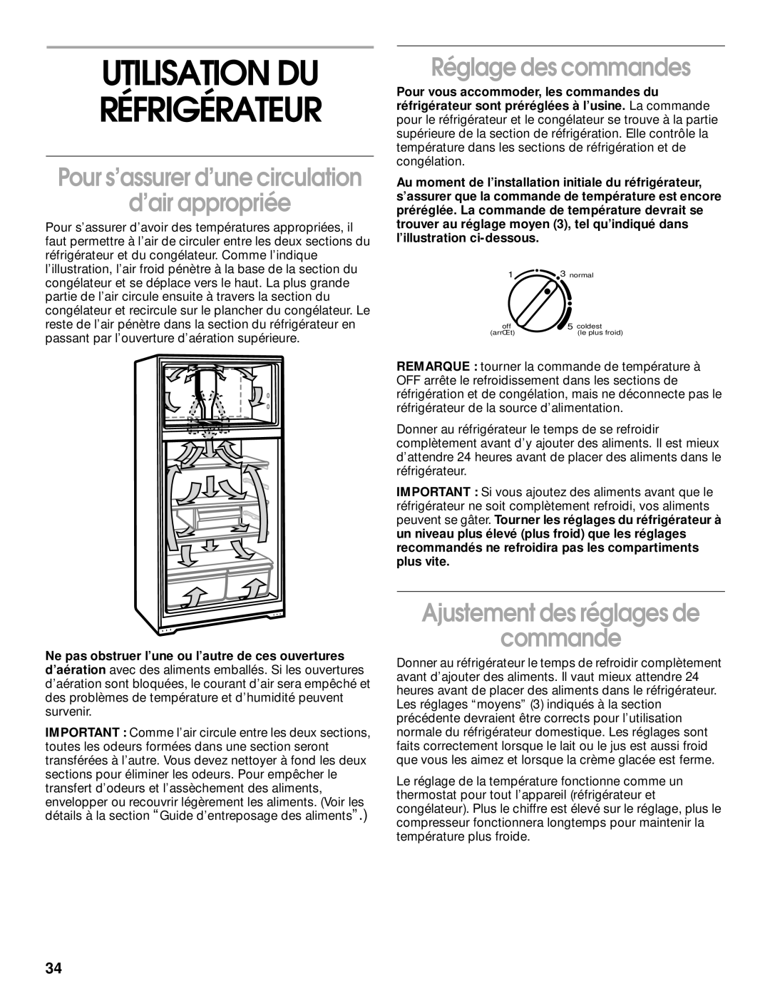 Whirlpool CT14NKXJN00 manual Utilisation DU Réfrigérateur, ’air appropriée, Réglage des commandes 