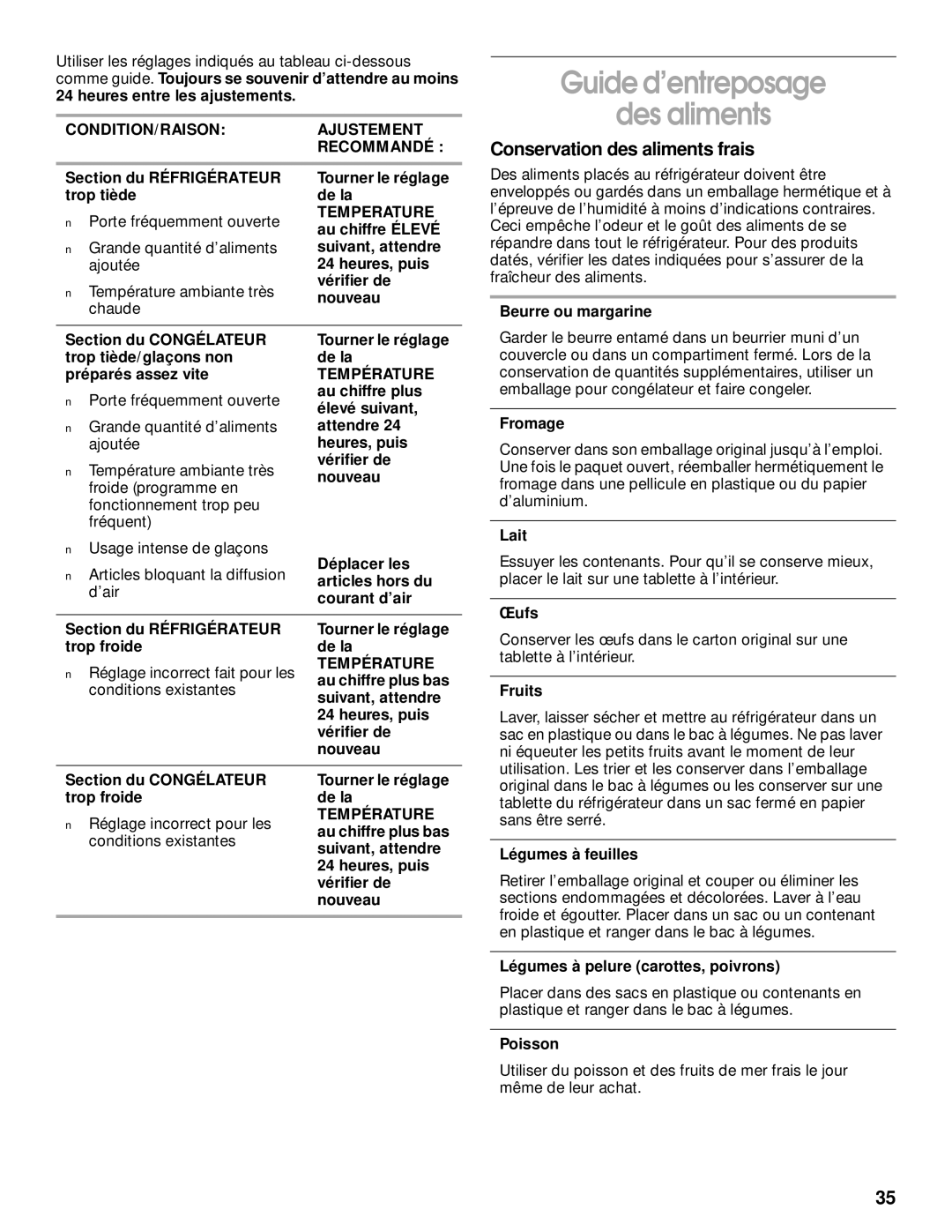 Whirlpool CT14NKXJN00 manual Guide d’entreposage Des aliments, Conservation des aliments frais, Temperature, Température 