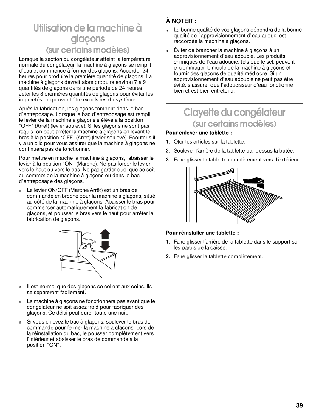 Whirlpool CT14NKXJN00 manual Utilisation de la machine à Glaçons, Clayette du congélateur 