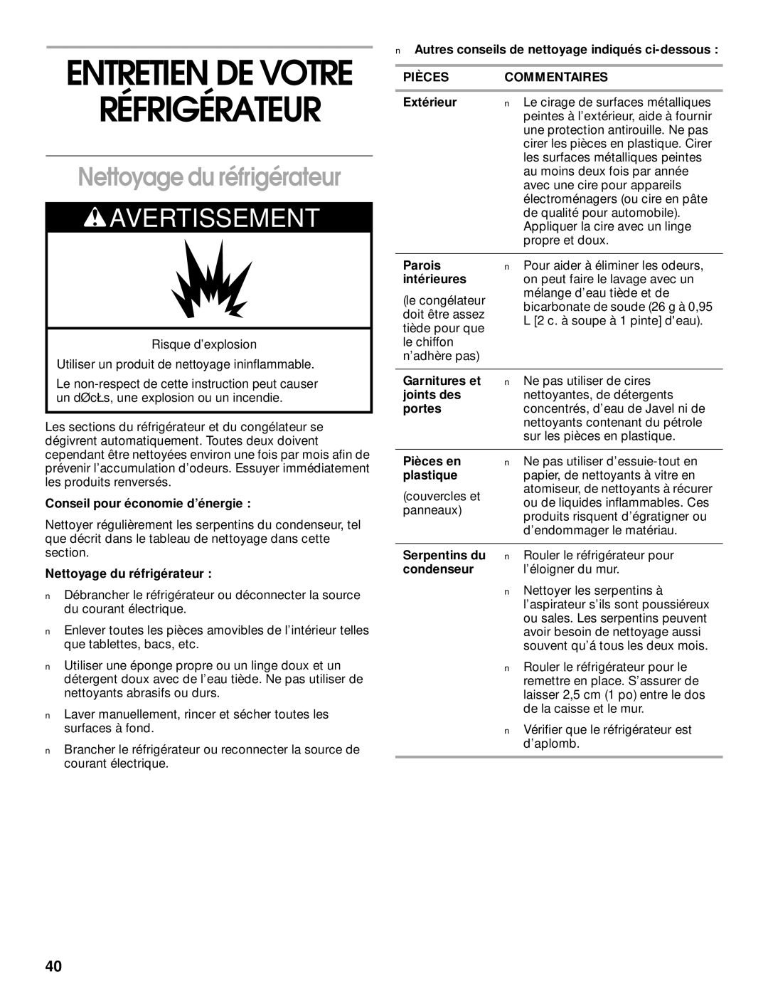 Whirlpool CT14NKXJN00 manual Nettoyage du réfrigérateur, Pièces Commentaires 