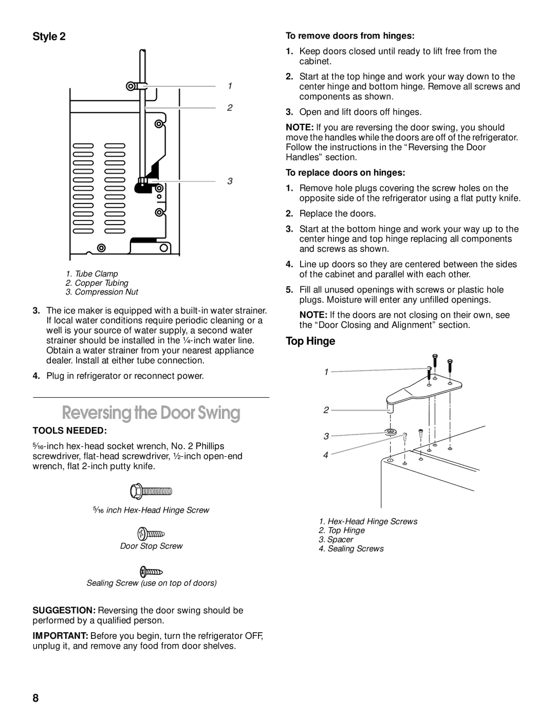 Whirlpool CT14NKXJN00 manual Reversing the Door Swing, Top Hinge, To remove doors from hinges, To replace doors on hinges 