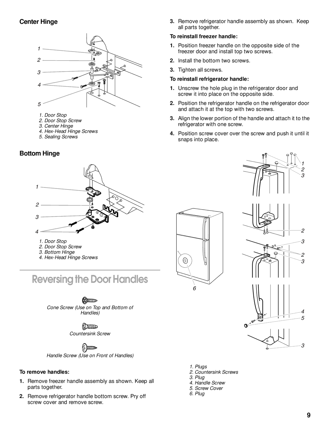 Whirlpool CT14NKXJN00 manual Center Hinge, Bottom Hinge, To remove handles, To reinstall freezer handle 