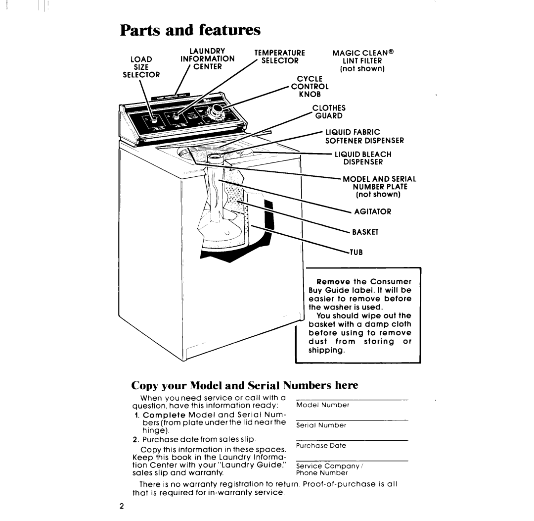 Whirlpool DESIGN 2000 manual Parts and features, Copy your Model and Serial Numbers here, Laundry Temperature Magic CLEAN@ 