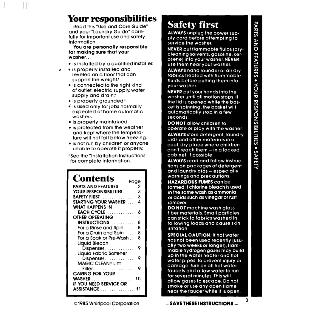 Whirlpool DESIGN 2000 manual Your responsibilities, Contents 