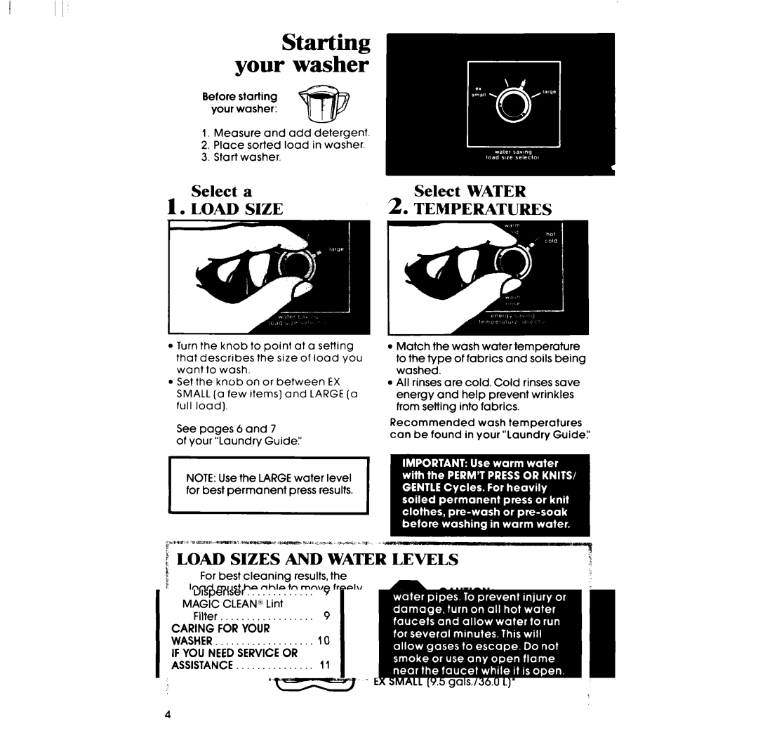 Whirlpool DESIGN 2000 manual Starting your washer, Select a, Select Water, Overload Washer 