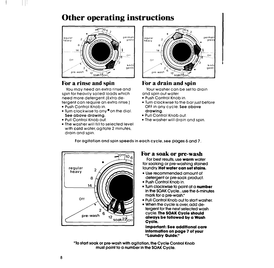 Whirlpool DESIGN 2000 Other operating instructions, For a rinse and spin, For a drain and spin, For a soak or pre-wash 