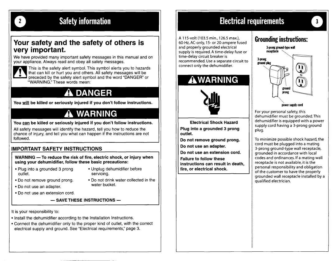 Whirlpool DH25G0 warranty Ii Groundinginstructions, Electrical Shock Hazard Plug into a grounded 3 prong outlet 