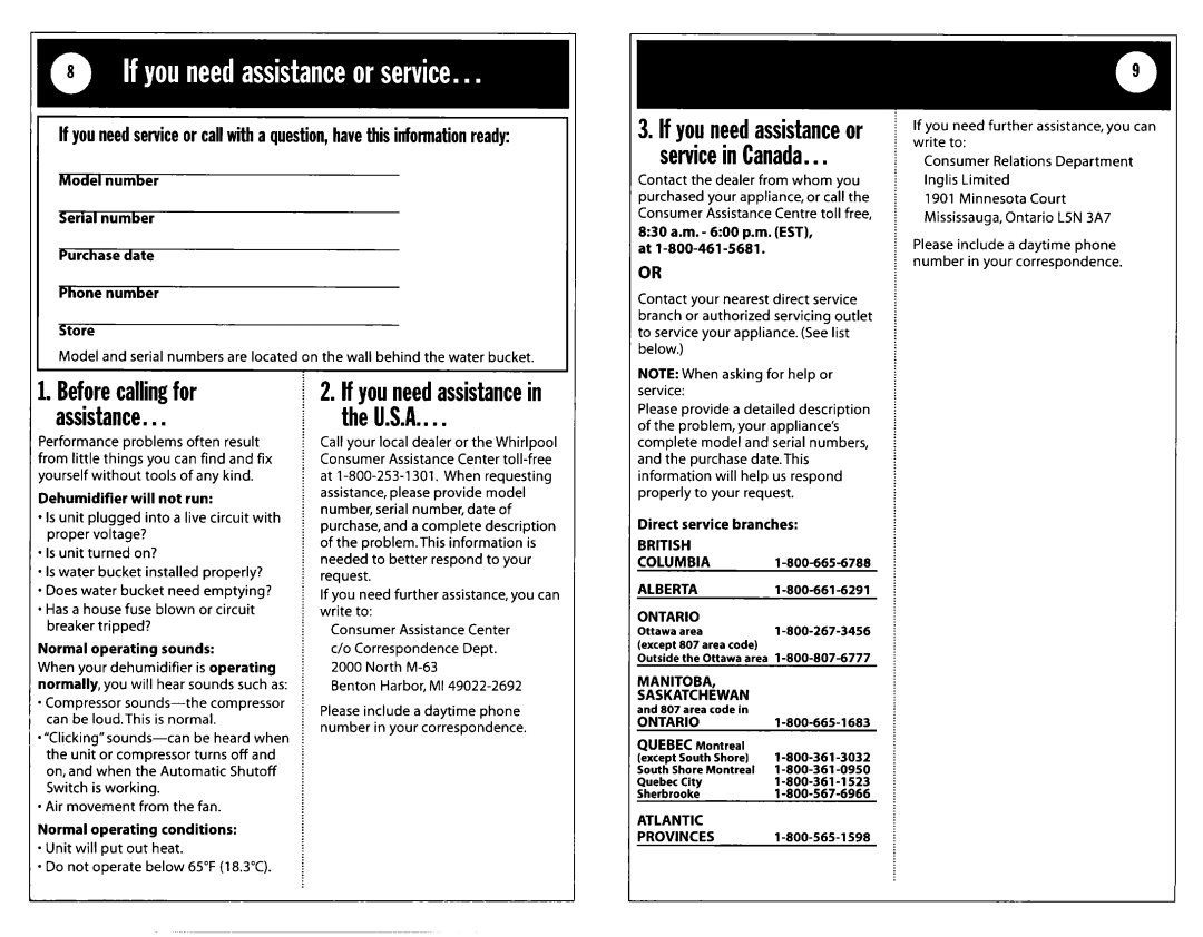 Whirlpool DH25G0 Beforecallingfor, Assistance U.S.A, Tf youneedassistancein, If youneedassistanceor servicein Canada 