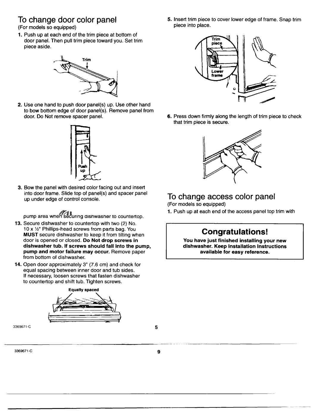 Whirlpool Dishwasher installation instructions To change door color panel, To change access color panel 