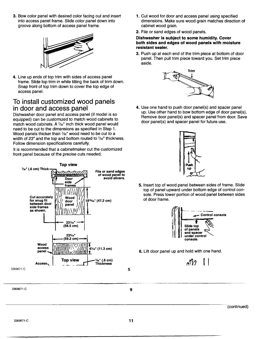 Whirlpool Dishwasher installation instructions To install customized wood panels in door and access panel, TOD. view 