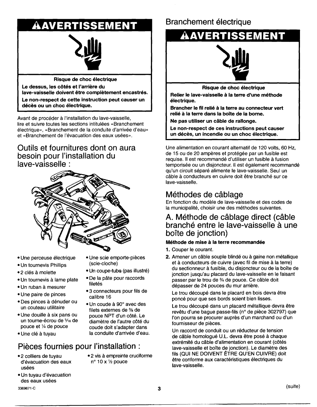 Whirlpool Dishwasher installation instructions Branchement hlectrique, Methodes de cablage, BoTte de jonction, Pikes 