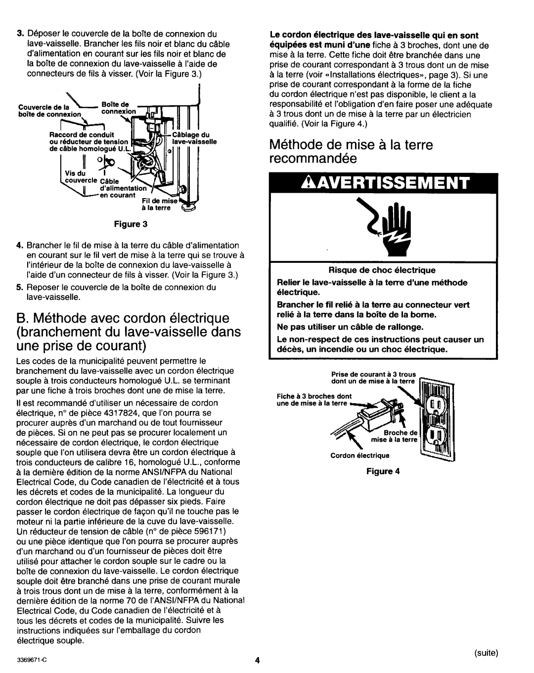 Whirlpool Dishwasher installation instructions M6thode de mise a la terre recommandbe 