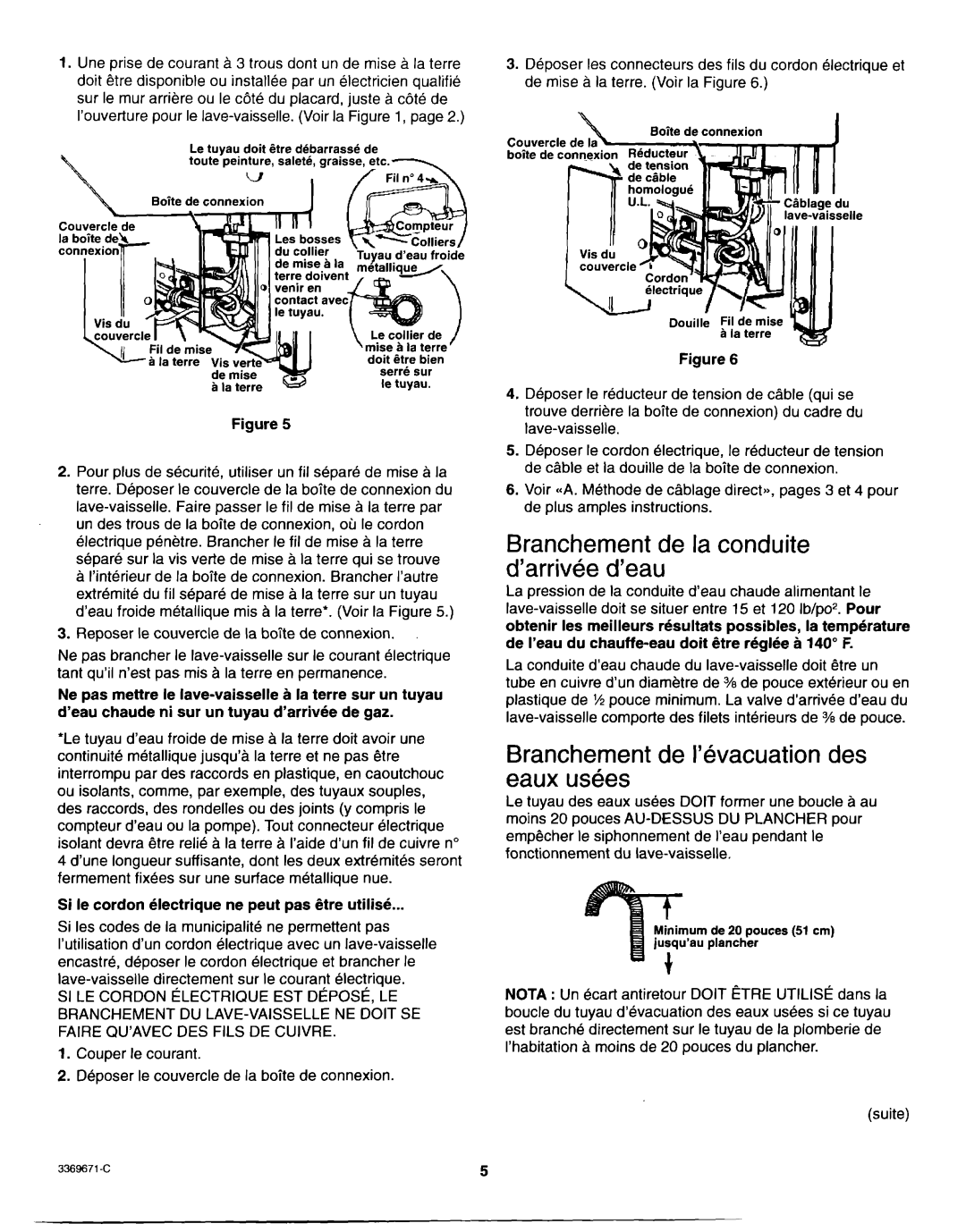 Whirlpool Dishwasher Branchement de la conduite d’arrivee d’eau, Branchement de I’bvacuation des eaux u&es 