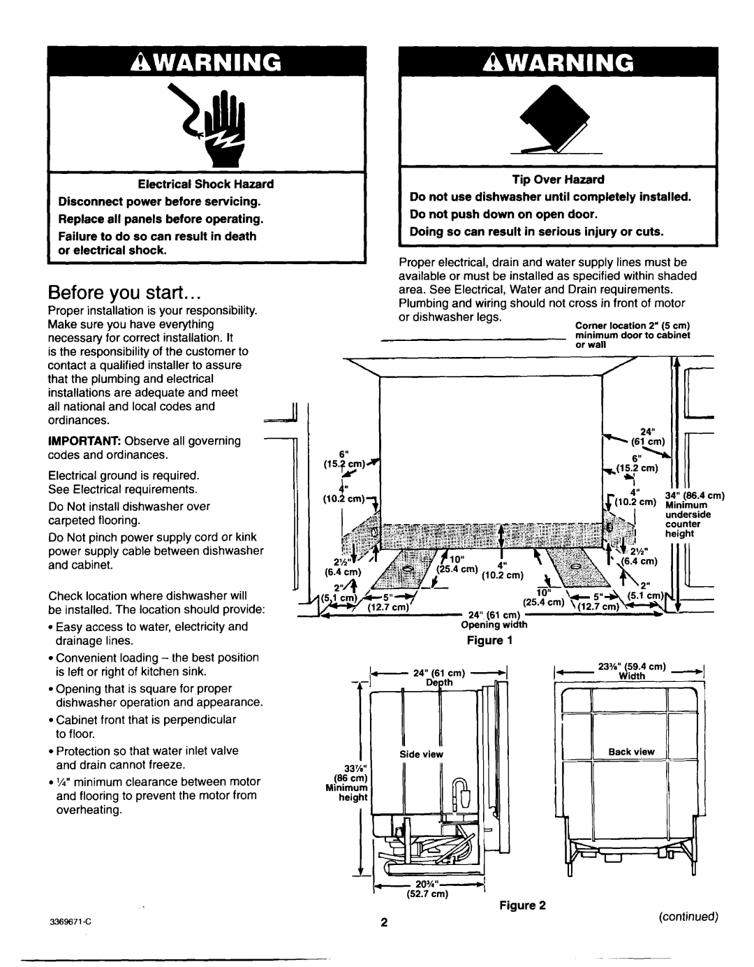 Whirlpool Dishwasher Before you start, Electrical Shock Hazard, Failure to do so can result in death or electrical shock 