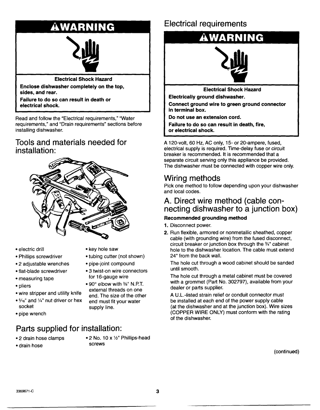 Whirlpool Dishwasher Wiring methods, Parts Supplied For installation, Recommended grounding method 