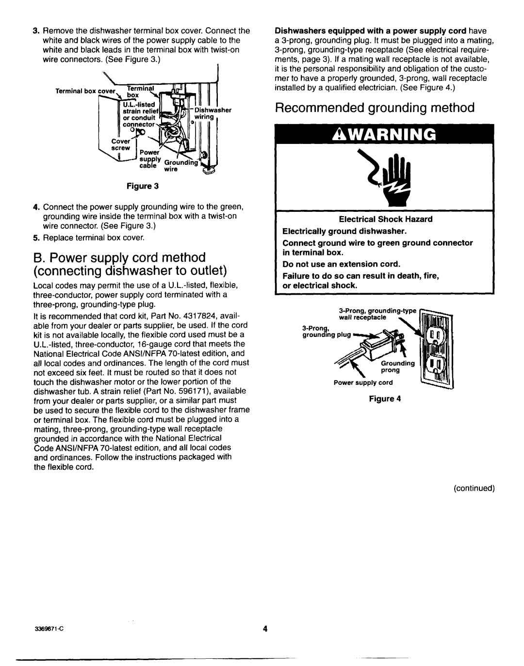 Whirlpool Dishwasher Recommended grounding method, Power supply cord method connecting dishwasher to outlet 