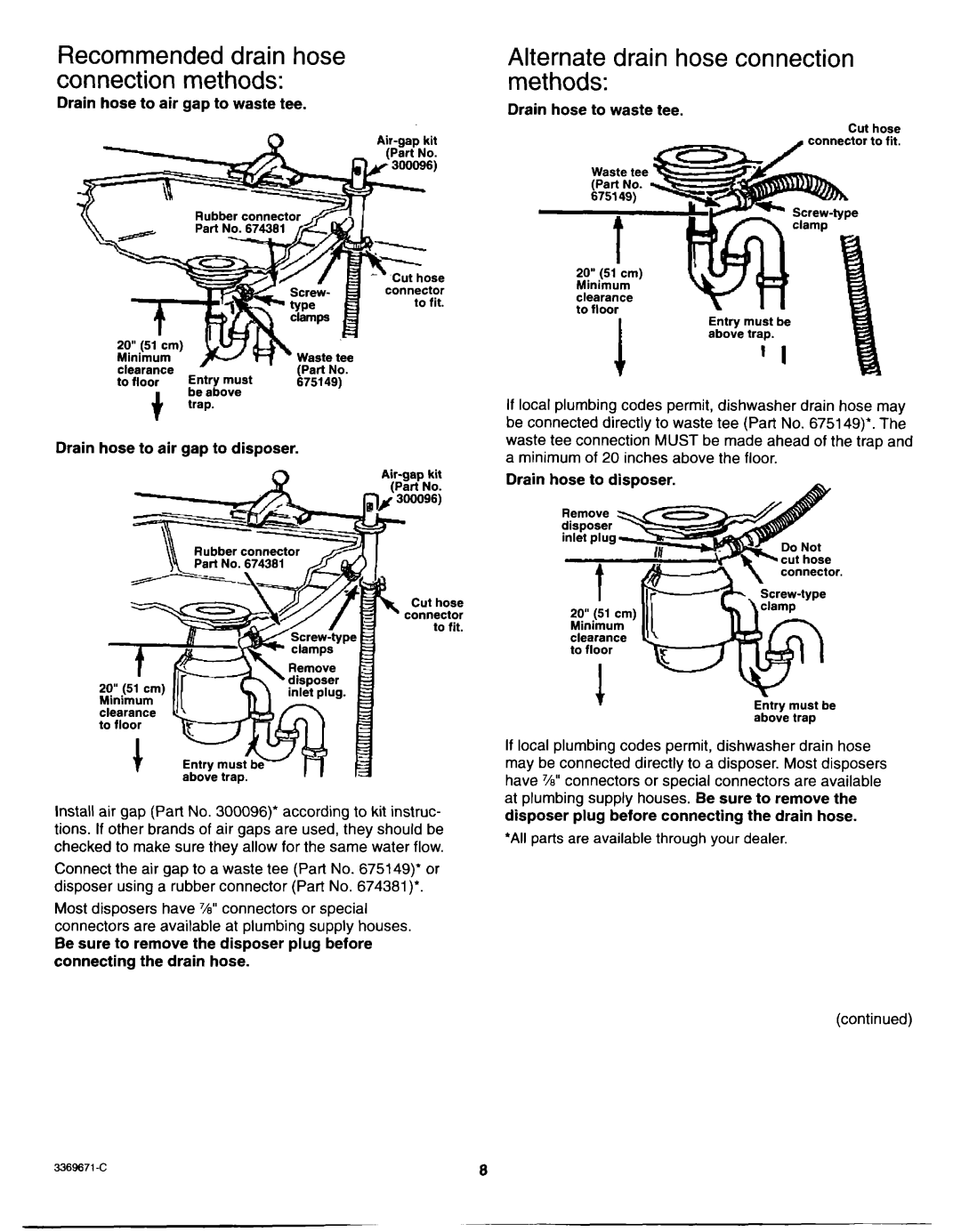 Whirlpool Dishwasher Recommended drain hose connection methods, Alternate drain hose connection methods, Lv7 