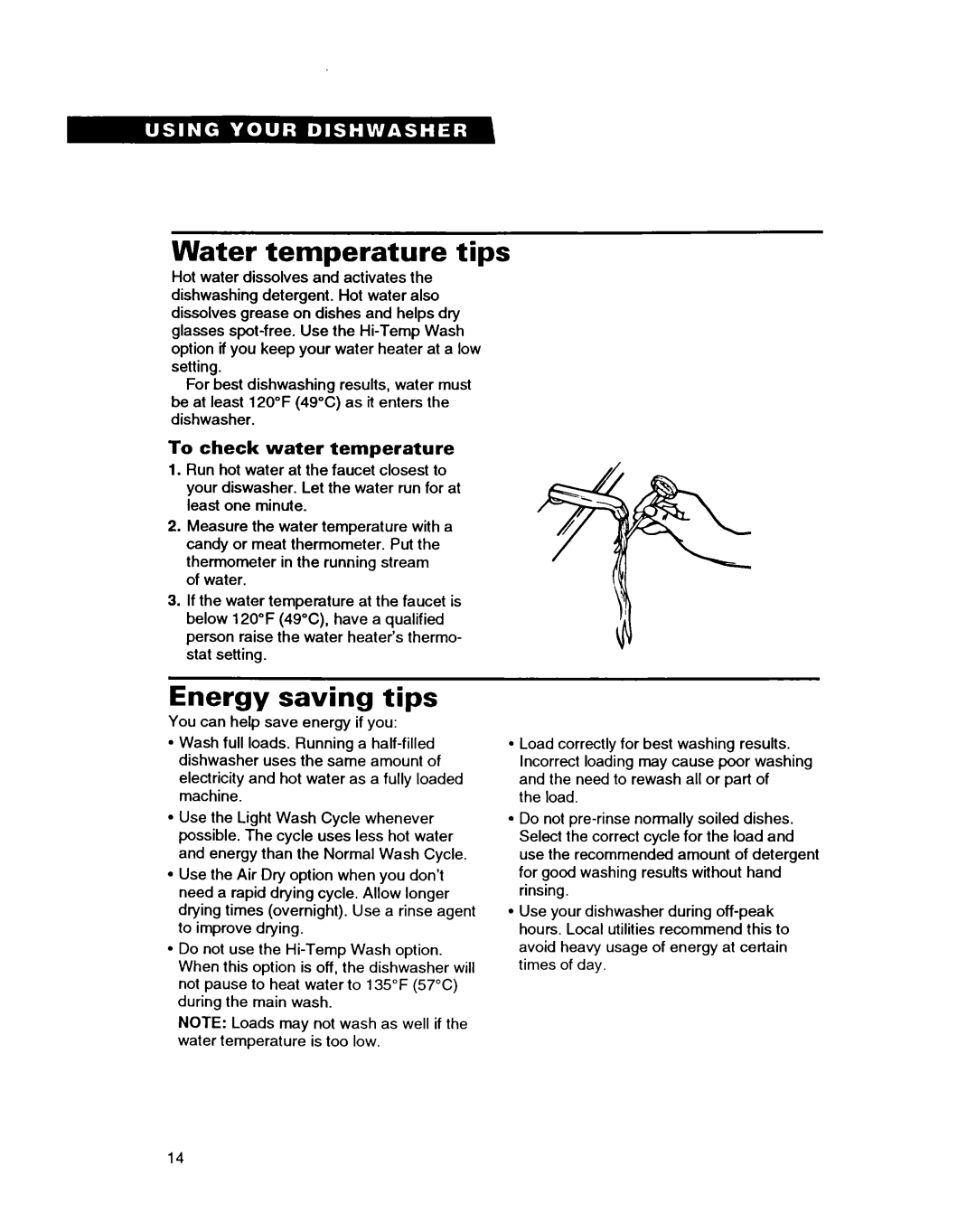 Whirlpool DISHWASHERS manual Water temperature tips, Energy saving tips, To check water temperature 