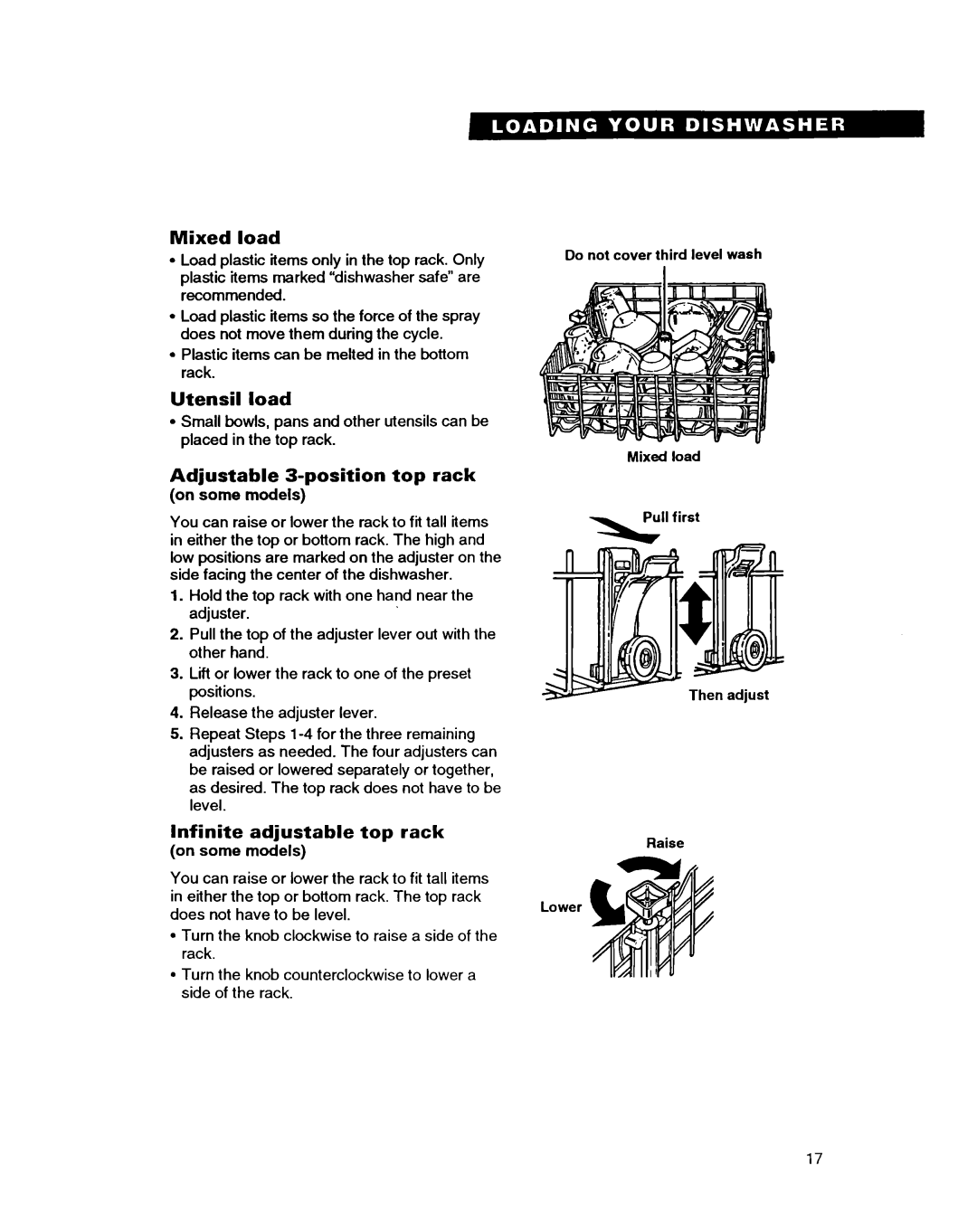 Whirlpool DISHWASHERS manual Mixed load, Utensil load, Adjustable 3-position top rack, Infinite adjustable top rack 