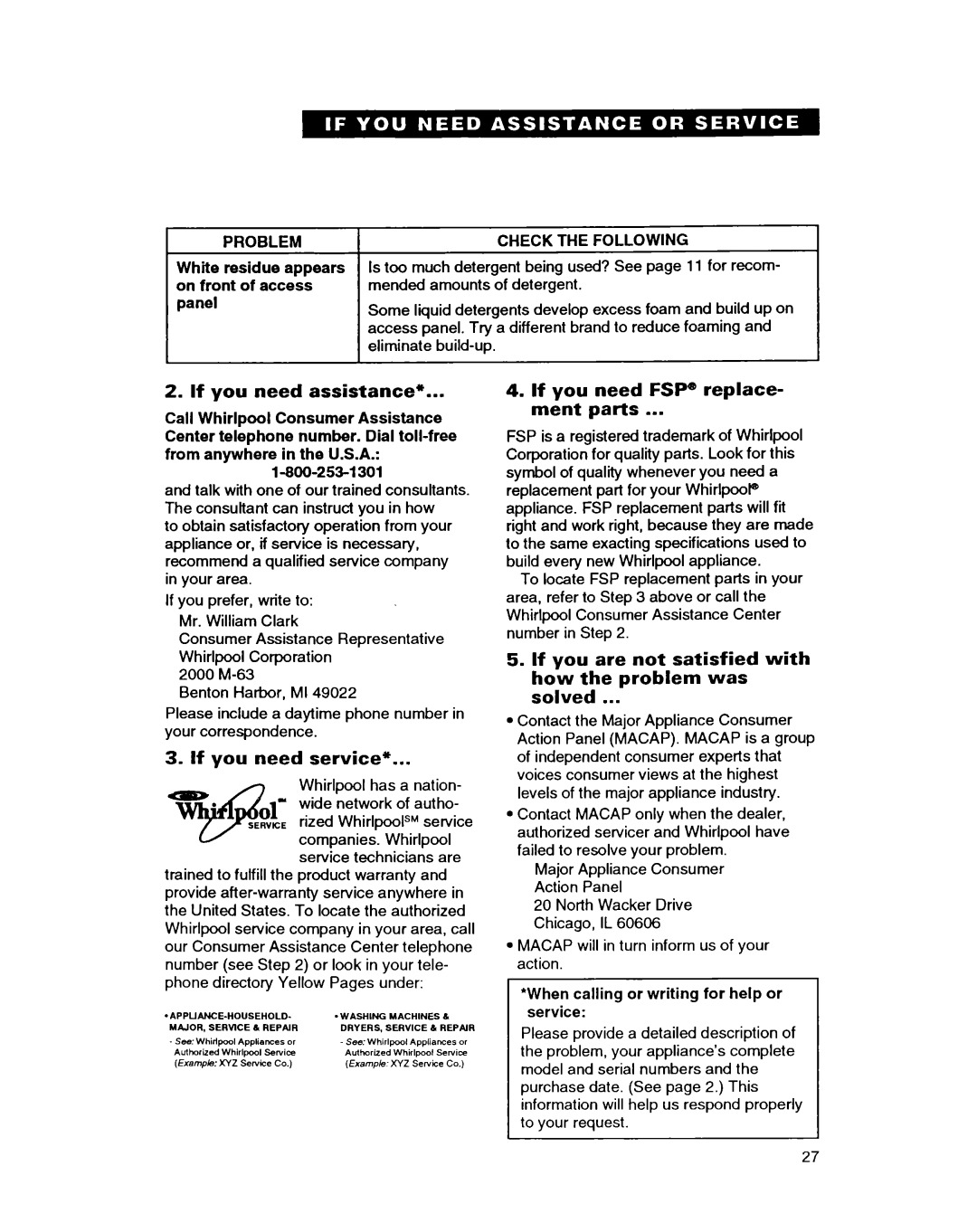 Whirlpool DISHWASHERS manual If you need assistance, If you need service, If you need FSP@ replace- ment parts 