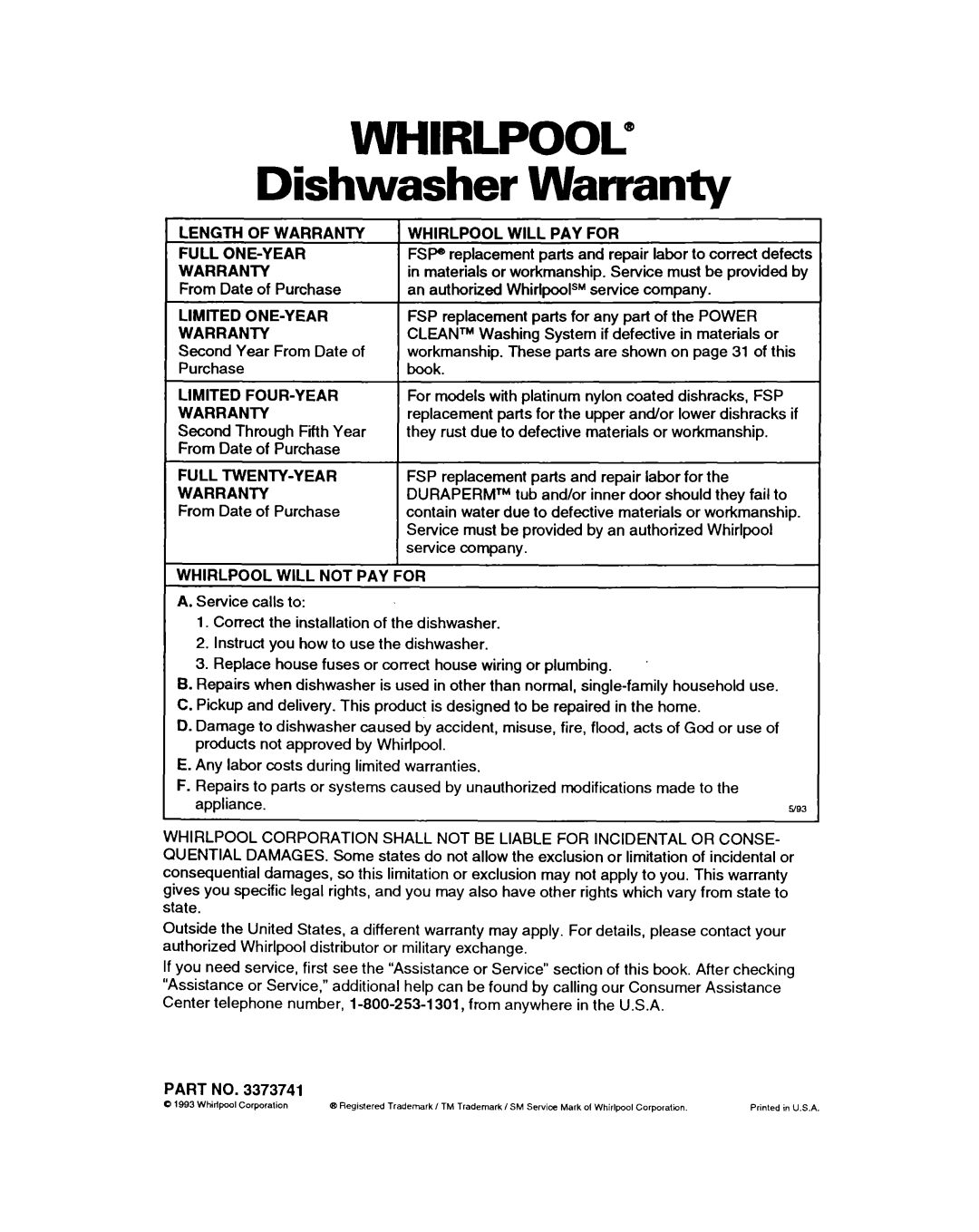 Whirlpool DISHWASHERS manual Whirlpool, Dishwasher Warranty 